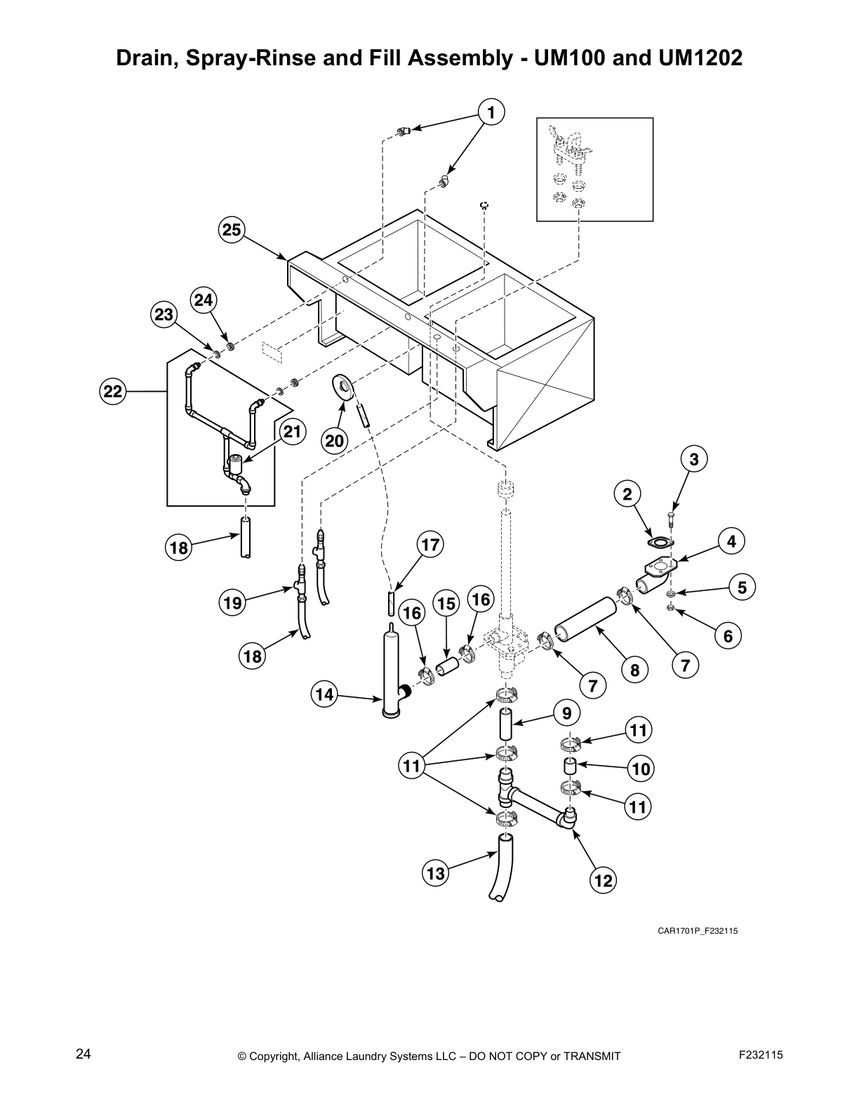 Drain, Spray-Rinse and Fill Assembly - UM100 and UM1202