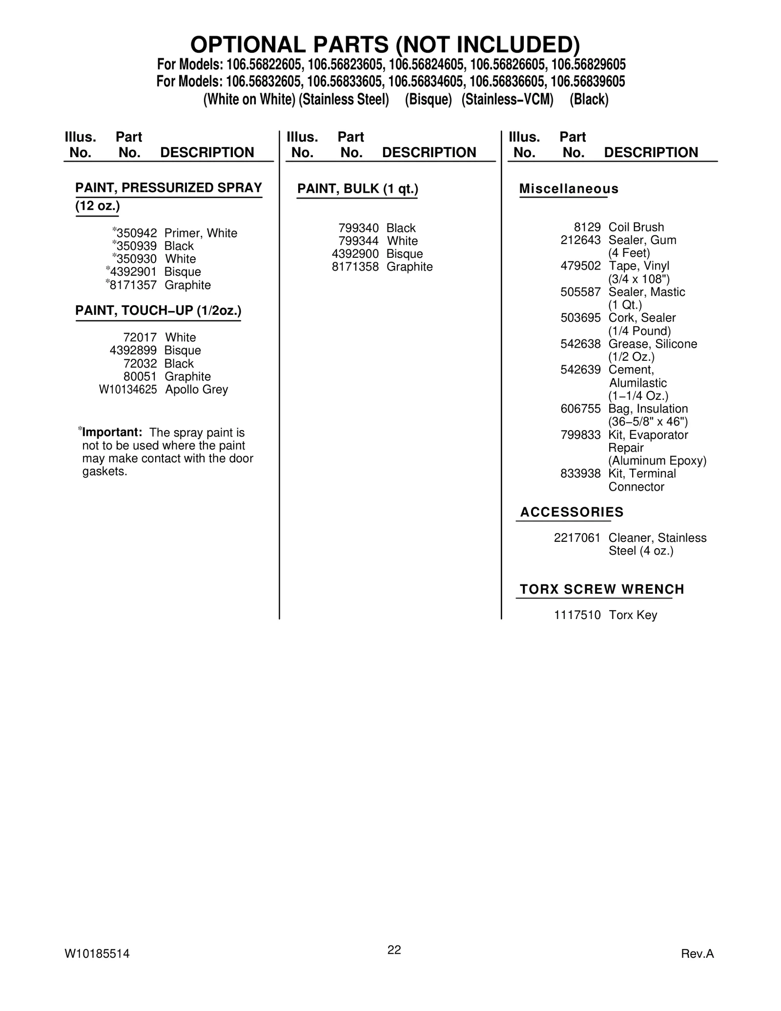 OPTIONAL PARTS (NOT INCLUDED)