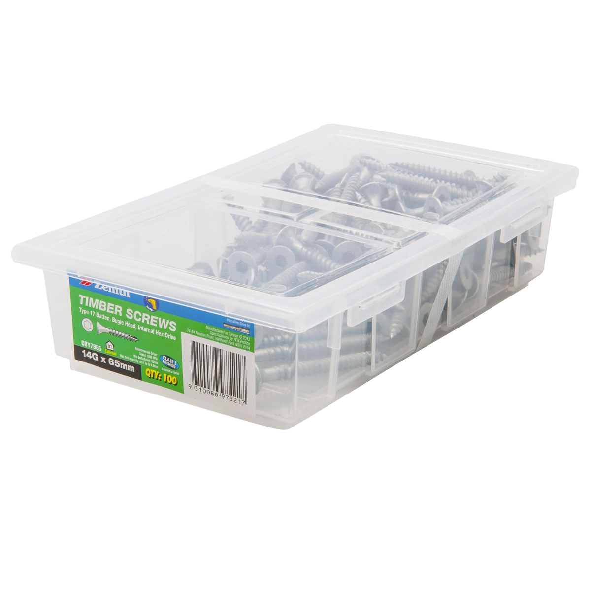 ZENITH® 14G x 65mm Class 3 Galvanised, Internal Hex Drive, Bugle Batten Screws – External Use – 100 Pack