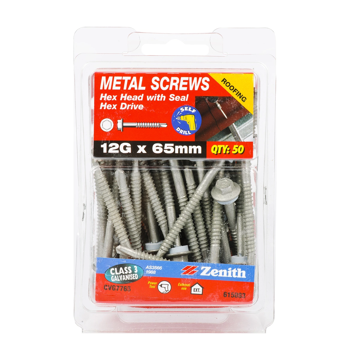 ZENITH® 12G x 65mm Class 3 Galvanised, Self Drilling, External Hex Drive, Cladding & Roofing Screws with Seal – External Use – 50 Pack
