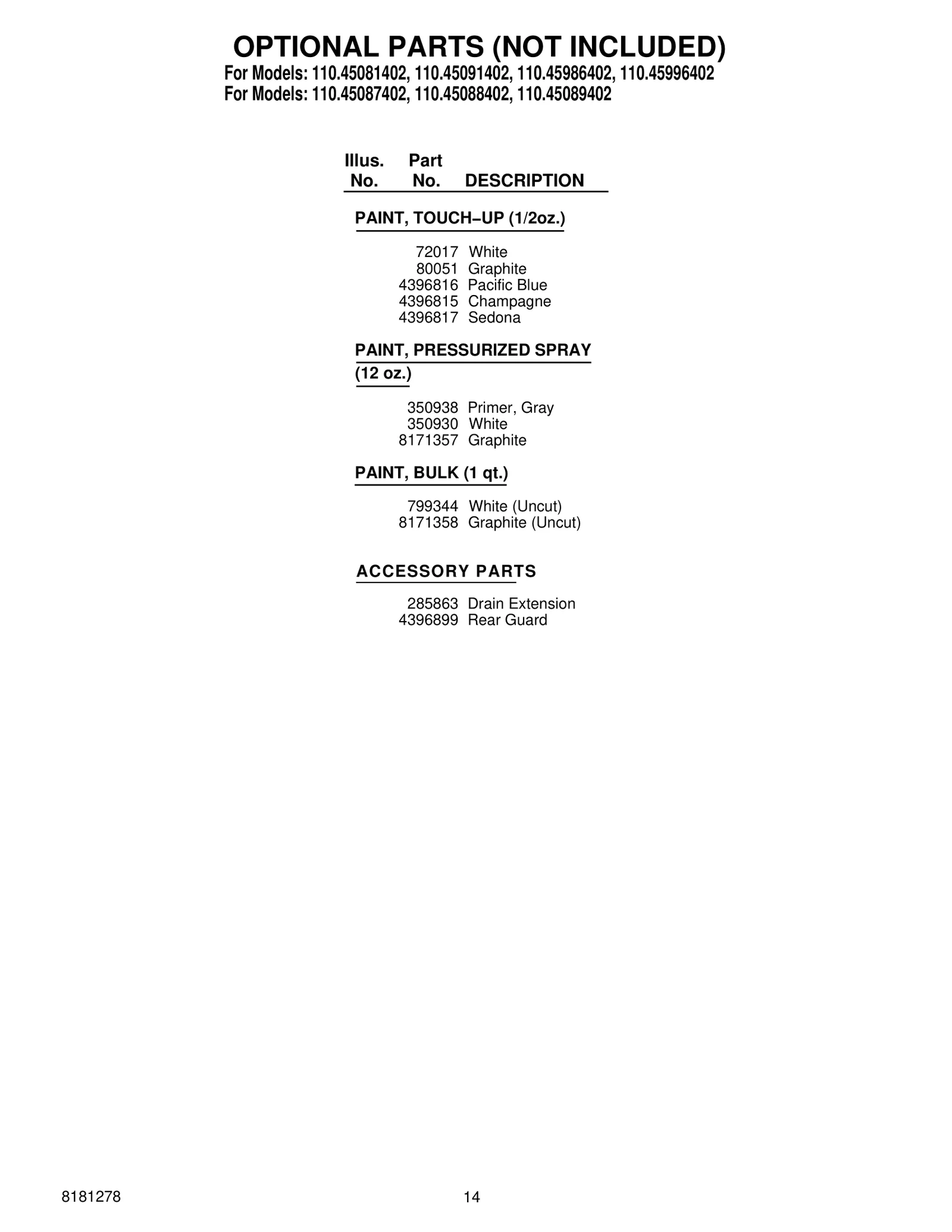 OPTIONAL PARTS (NOT INCLUDED)