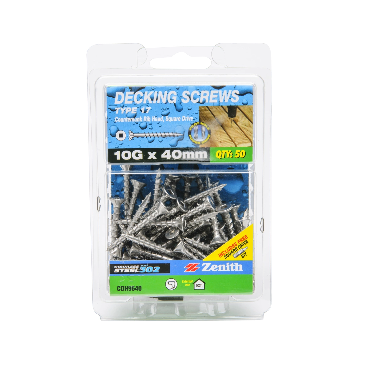 ZENITH® 10G x 40mm 304 Stainless Steel, Square Drive, Decking Screws – External Use – 50 Pack