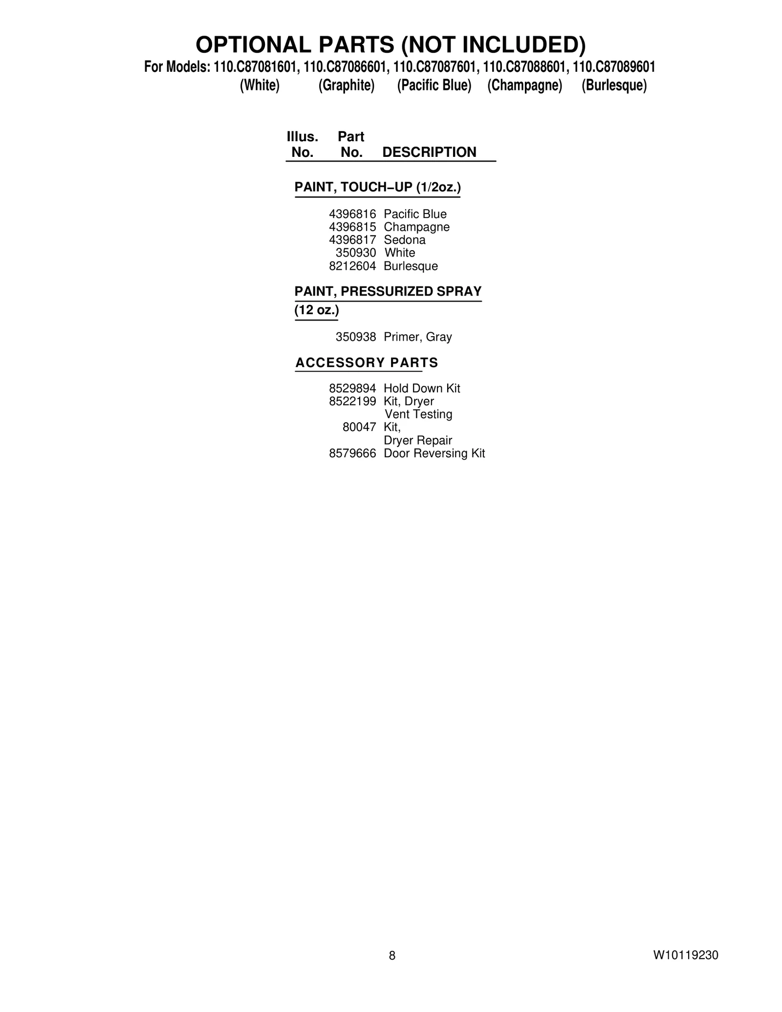 OPTIONAL PARTS (NOT INCLUDED)