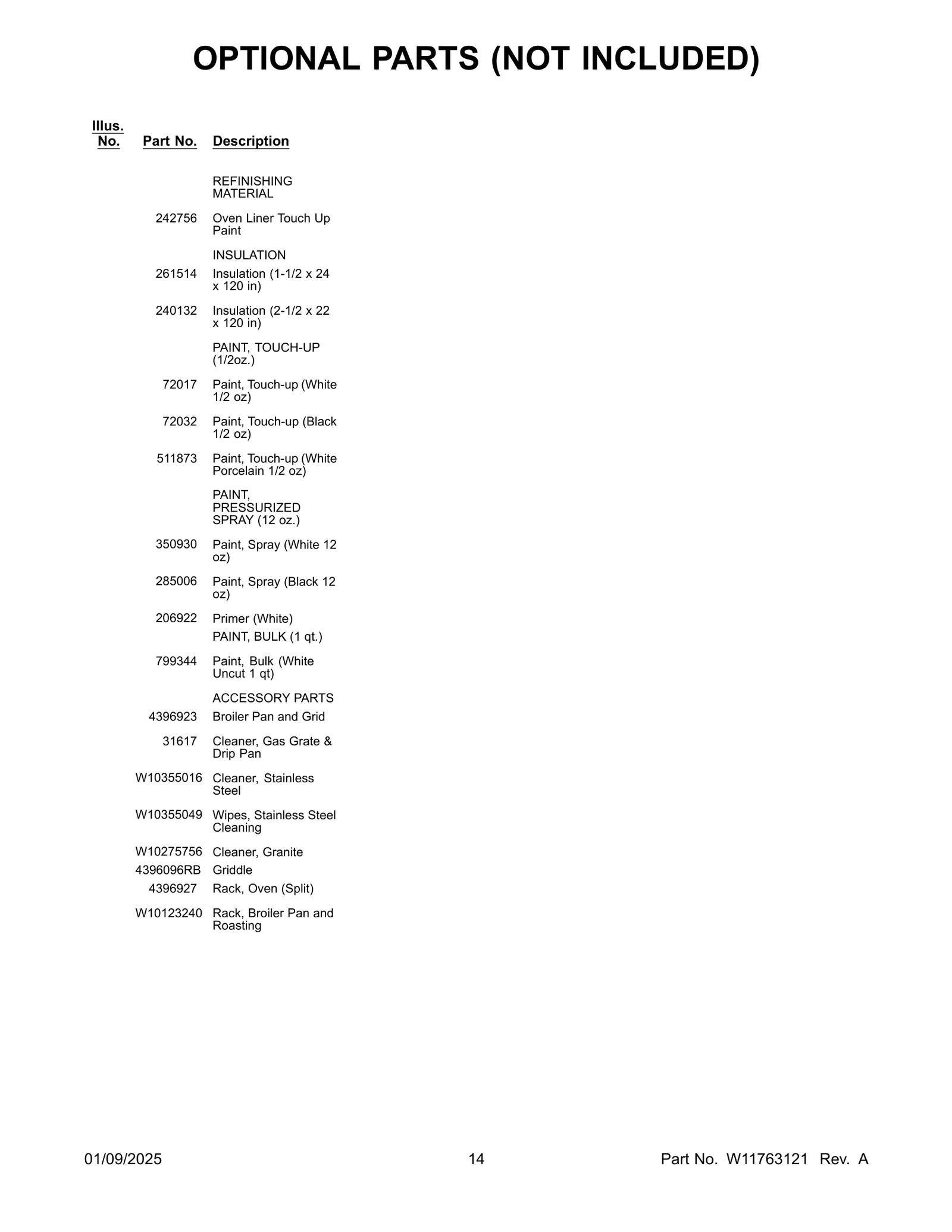 OPTIONAL PARTS (NOT INCLUDED)