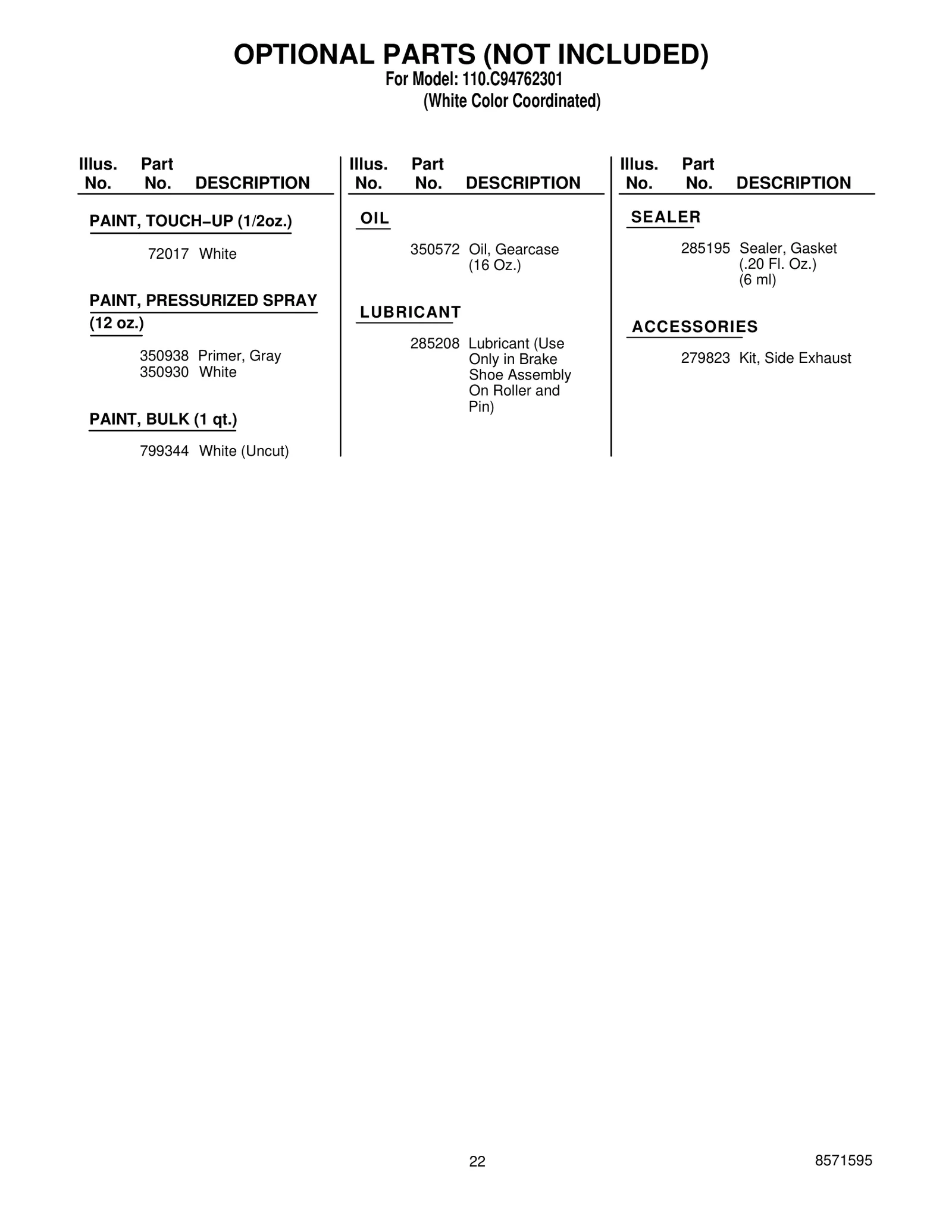 OPTIONAL PARTS (NOT INCLUDED)