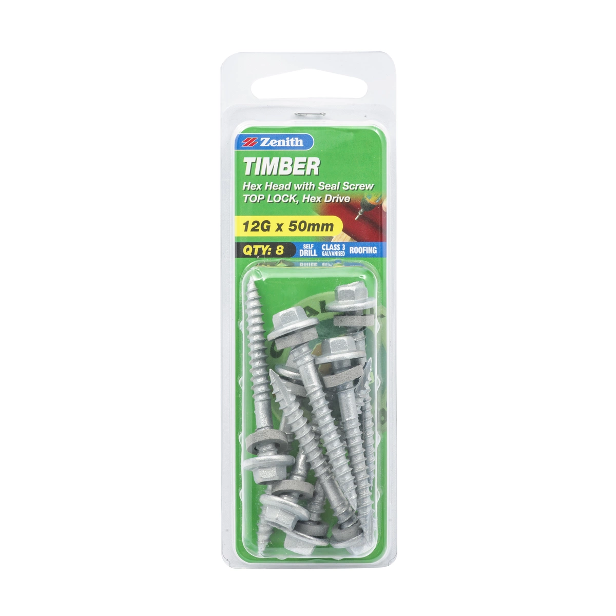 ZENITH® 12G x 50mm Class 3 Galvanised, External Hex Drive, Hex Head, Cladding & Roofing Screws with Seal – External Use – 8 Pack