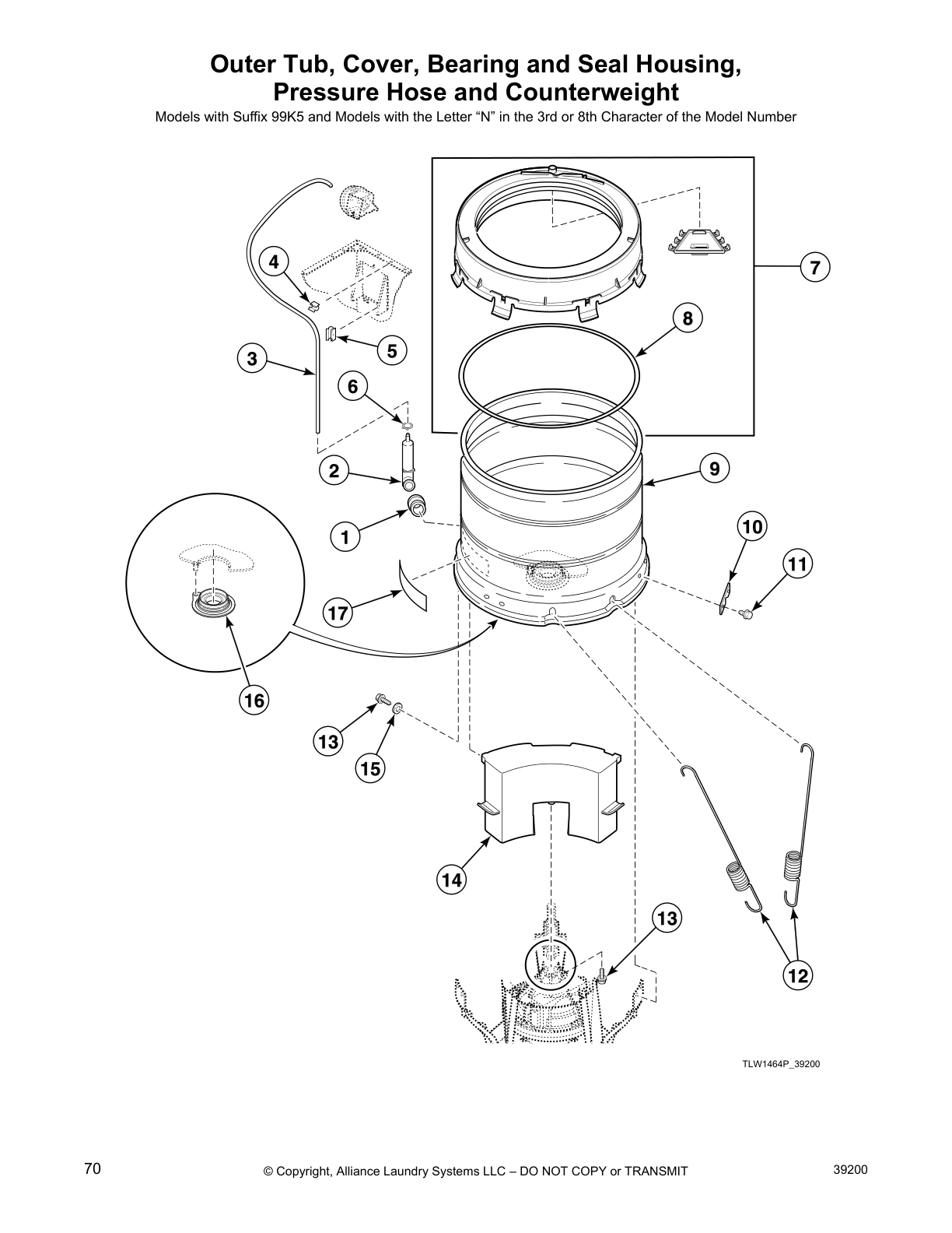 Outer Tub, Cover, Bearing and Seal Housing,
Pressure Hose and Counterweight