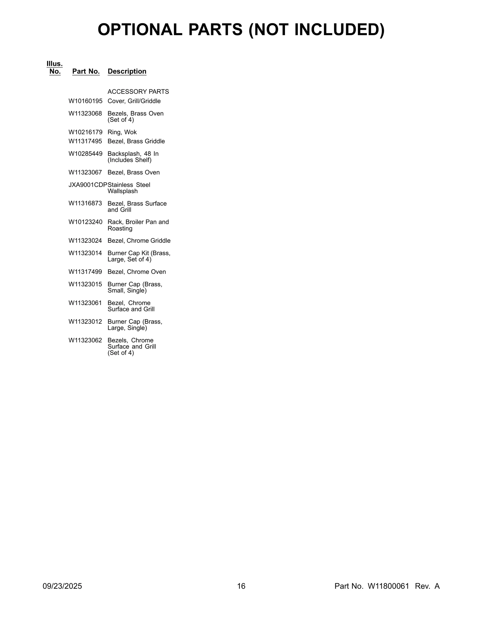 OPTIONAL PARTS (NOT INCLUDED)