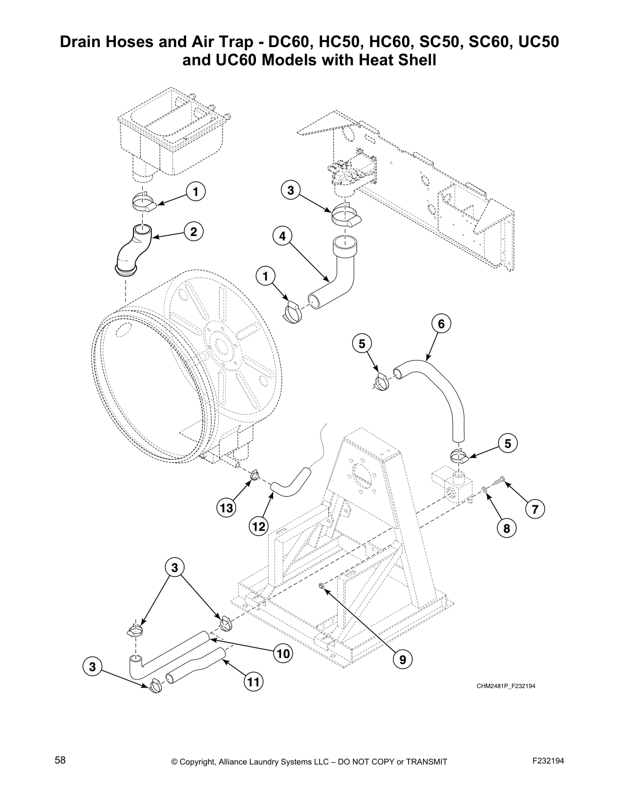 Drain Hoses and Air Trap - DC60, HC50, HC60, SC50, SC60, UC50
and UC60 Models with Heat Shell