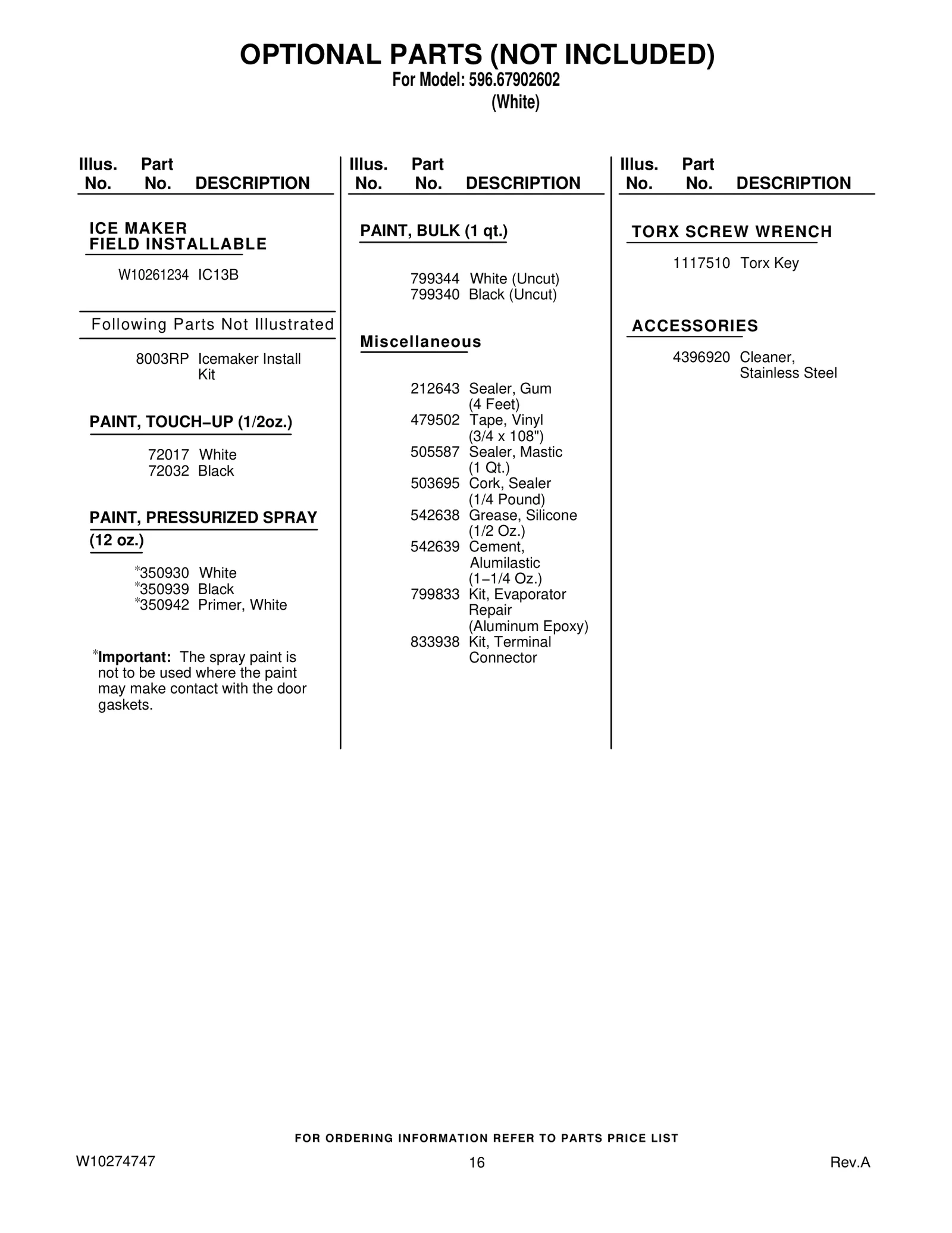 OPTIONAL PARTS (NOT INCLUDED)