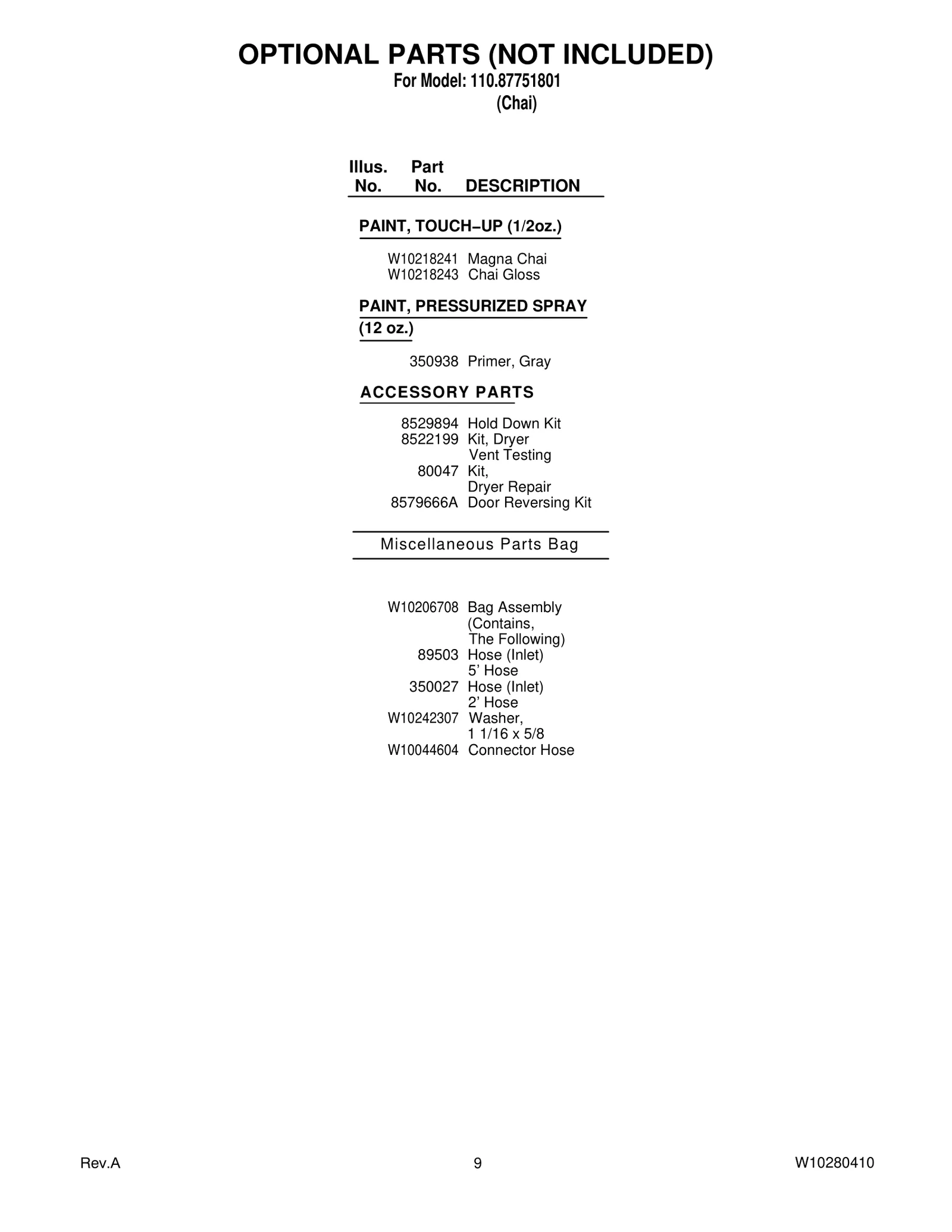 OPTIONAL PARTS (NOT INCLUDED)