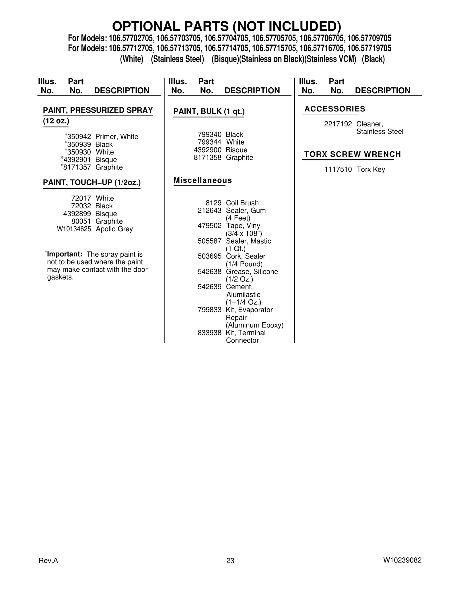 OPTIONAL PARTS (NOT INCLUDED)