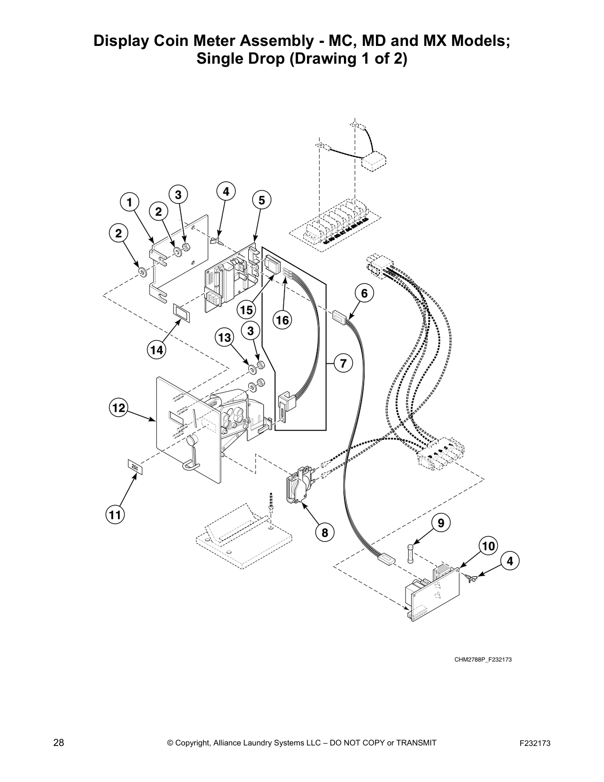 Display Coin Meter Assembly - MC, MD and MX Models; 
Single Drop (Drawing 1 of 2)