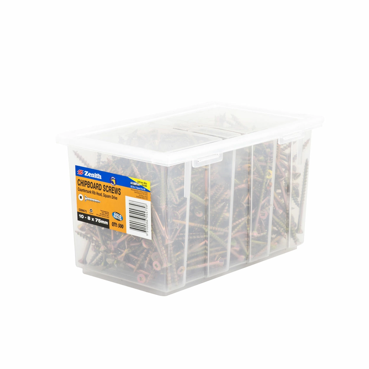 ZENITH® 10G x 75mm Gold Passivated, Square Drive, Chipboard Screws – Internal Use – 500 Pack