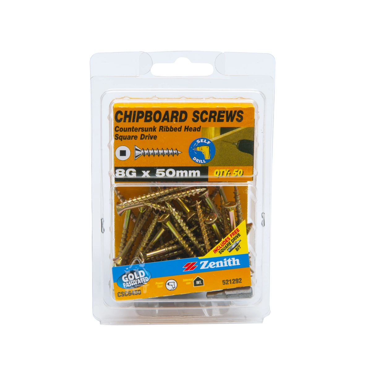 ZENITH® 8G x 50mm Gold Passivated, Square Drive, Chipboard Screws – Internal Use – 50 Pack