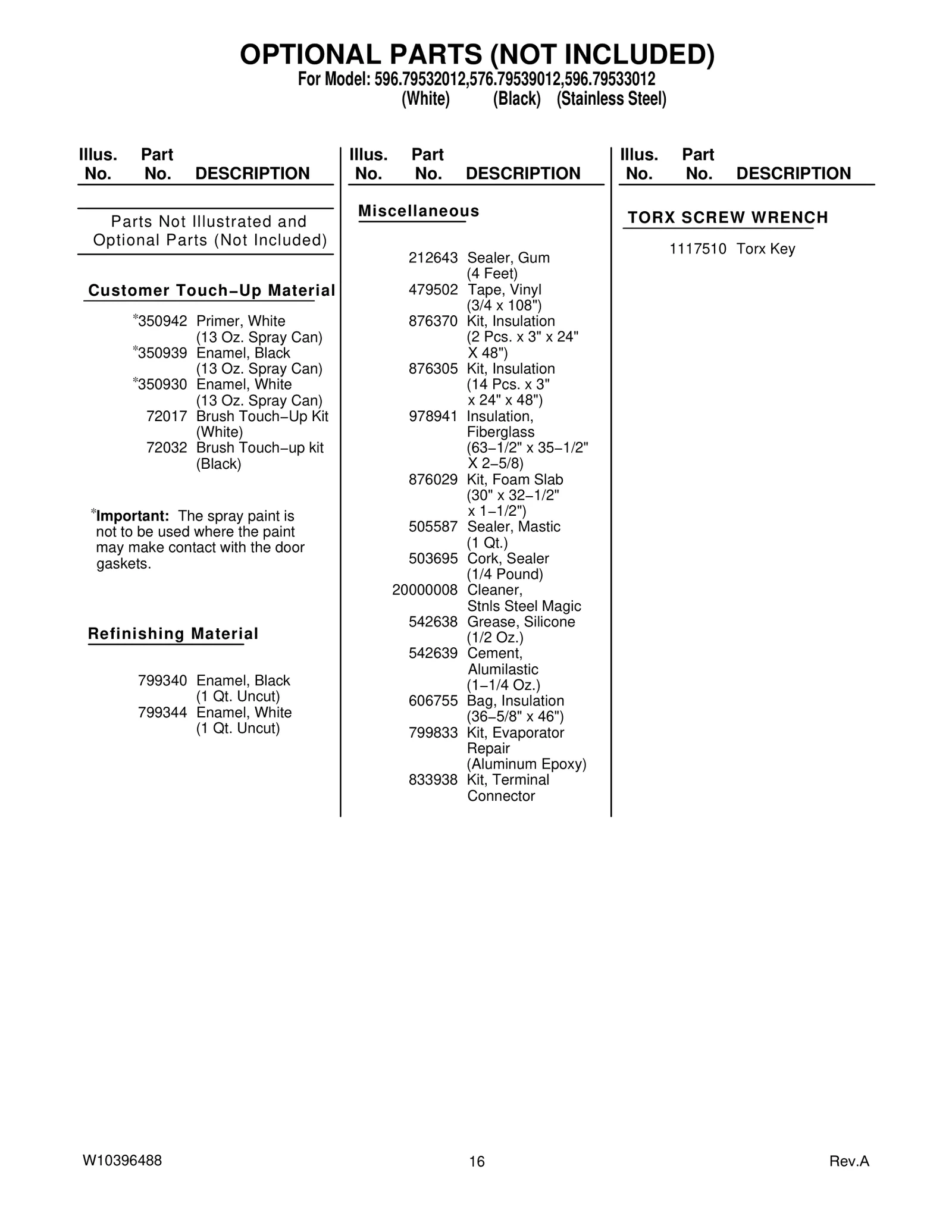 OPTIONAL PARTS (NOT INCLUDED)