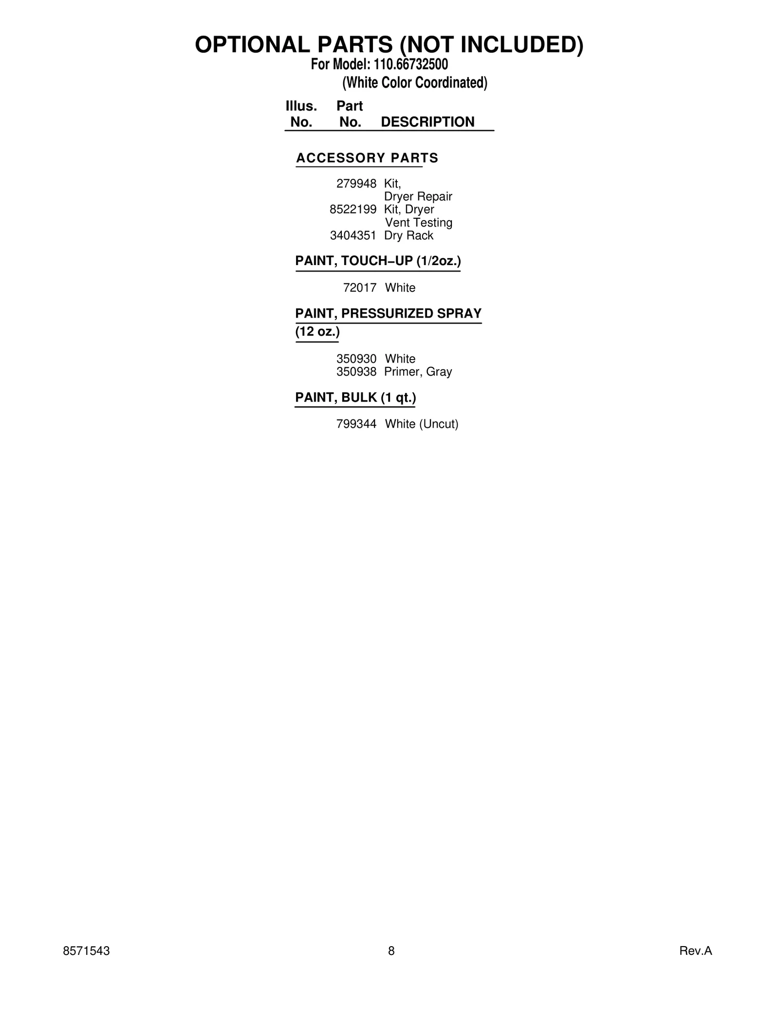 OPTIONAL PARTS (NOT INCLUDED)