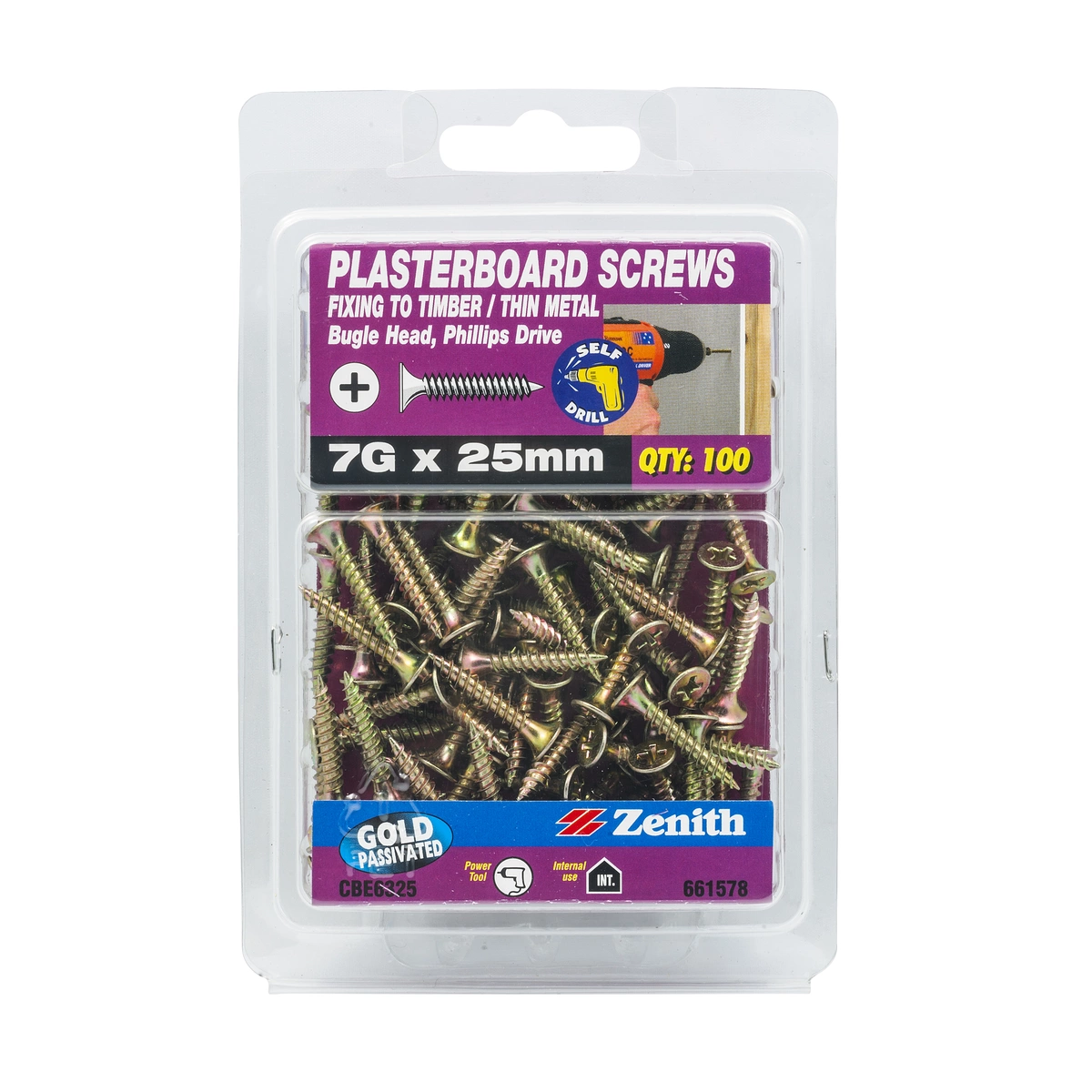 ZENITH® 7G x 25mm Gold Passivated, Phillips Drive, Plasterboard Screws – Internal Use – 100 Pack