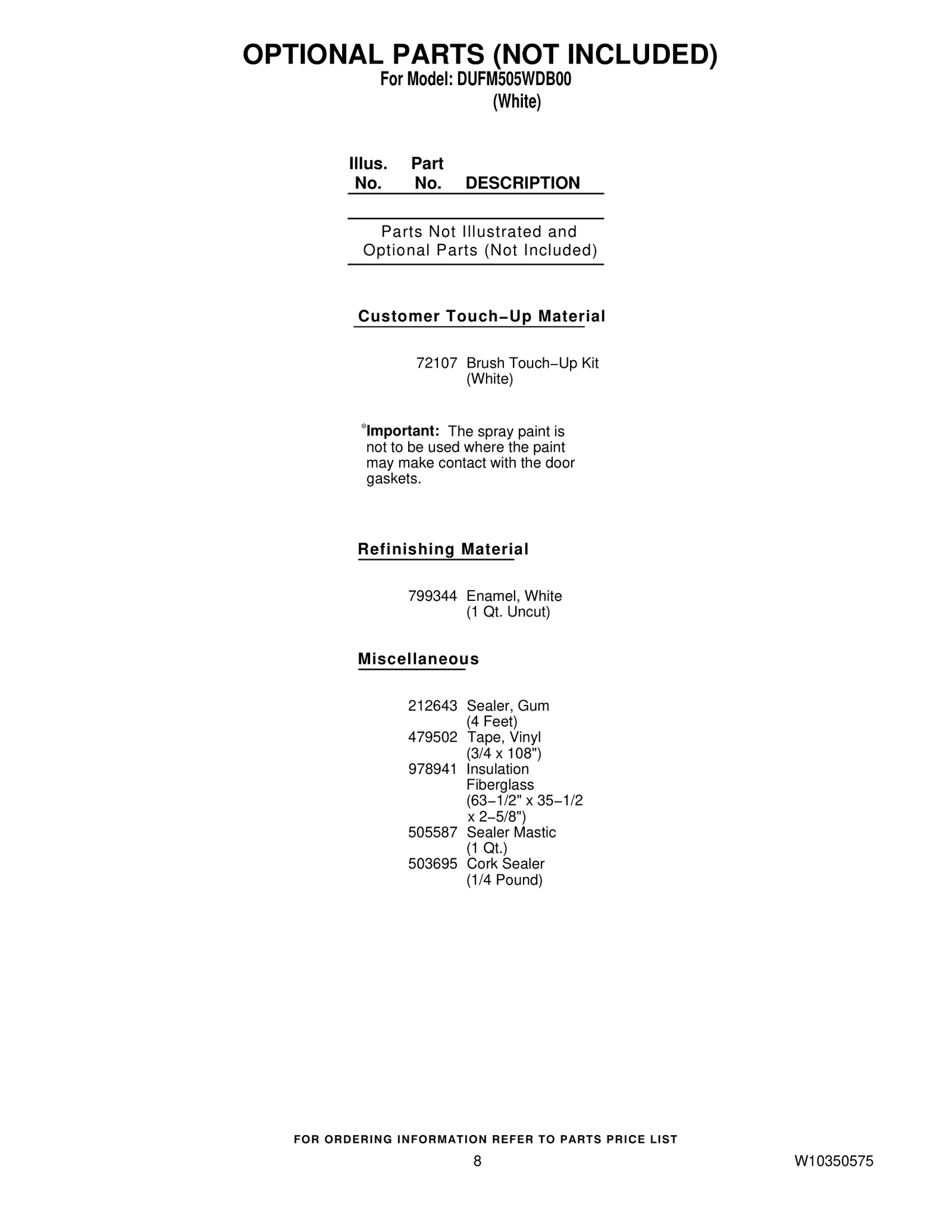 OPTIONAL PARTS (NOT INCLUDED)