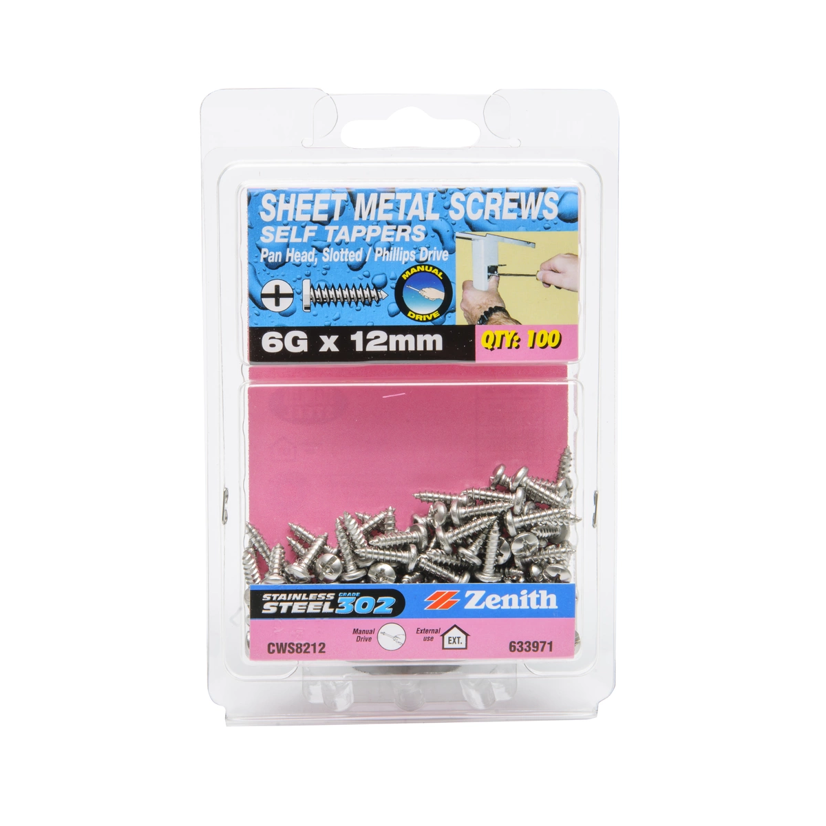 ZENITH® 6G x 12mm 304 Stainless Steel, Self Tapping, Combination Drive, Sheet Metal Screws – External Use – 100 Pack