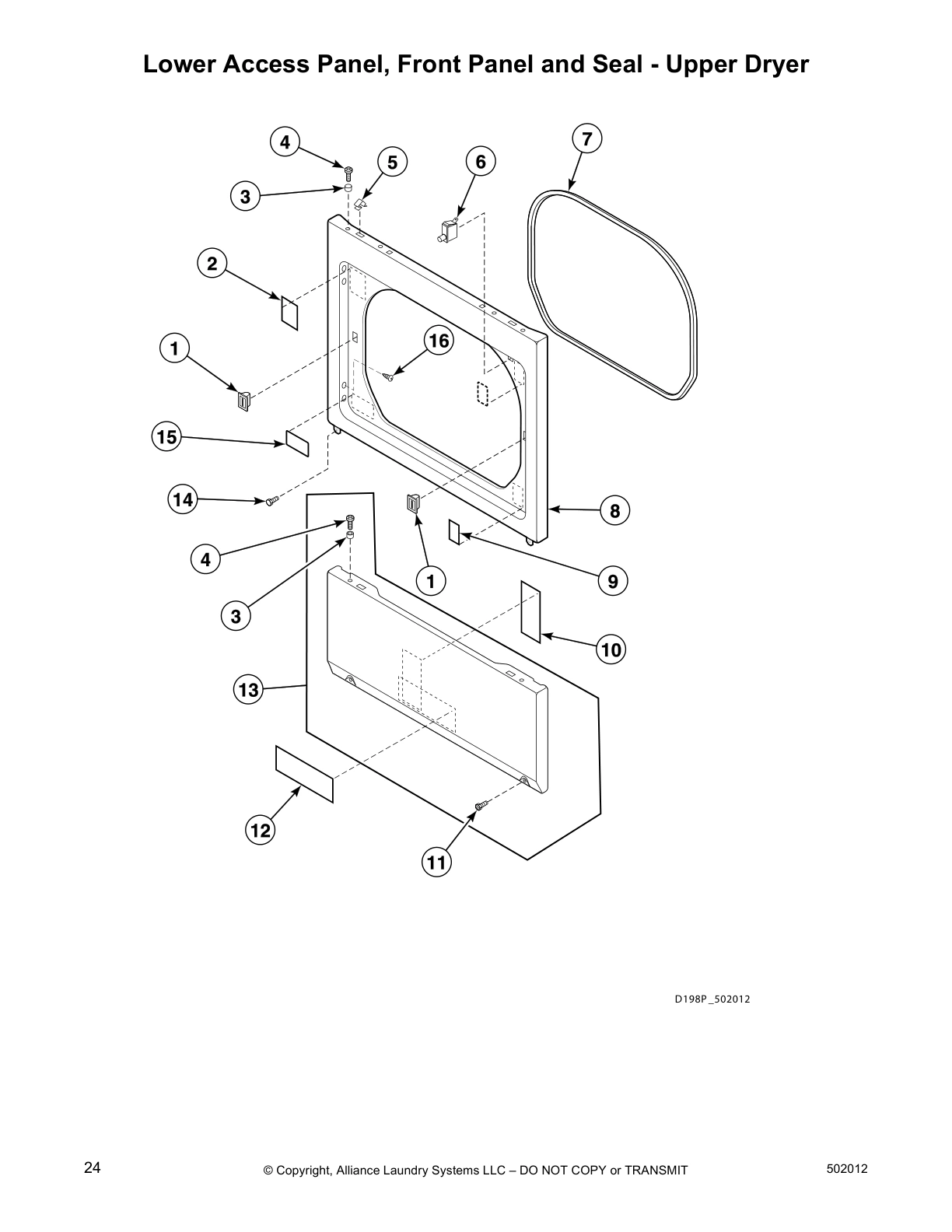 Lower Access Panel, Front Panel and Seal - Upper Dryer