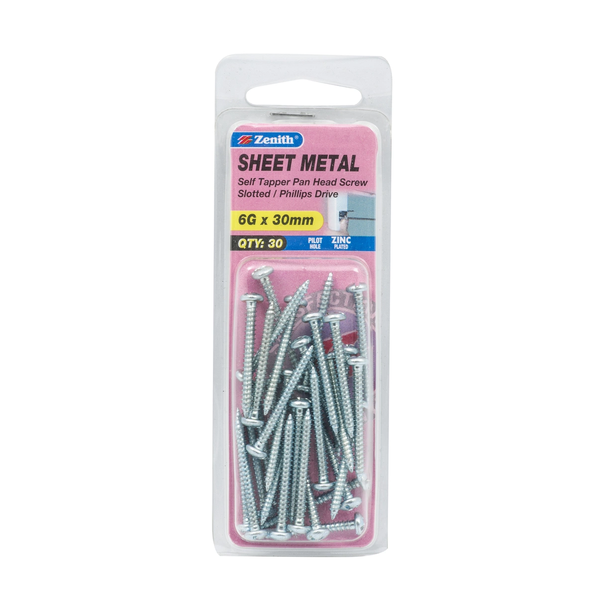 ZENITH® 6G x 30mm Zinc Plated, Self Tapping, Combination Drive, Sheet Metal Screws – Internal Use – 30 Pack