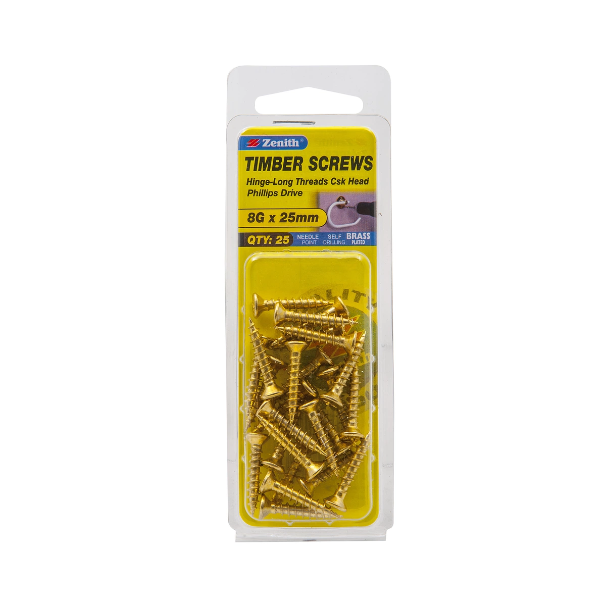 ZENITH® 8G x 25mm Brass Plated, Phillips Drive, Timber Screws – Internal Use – 25 Pack