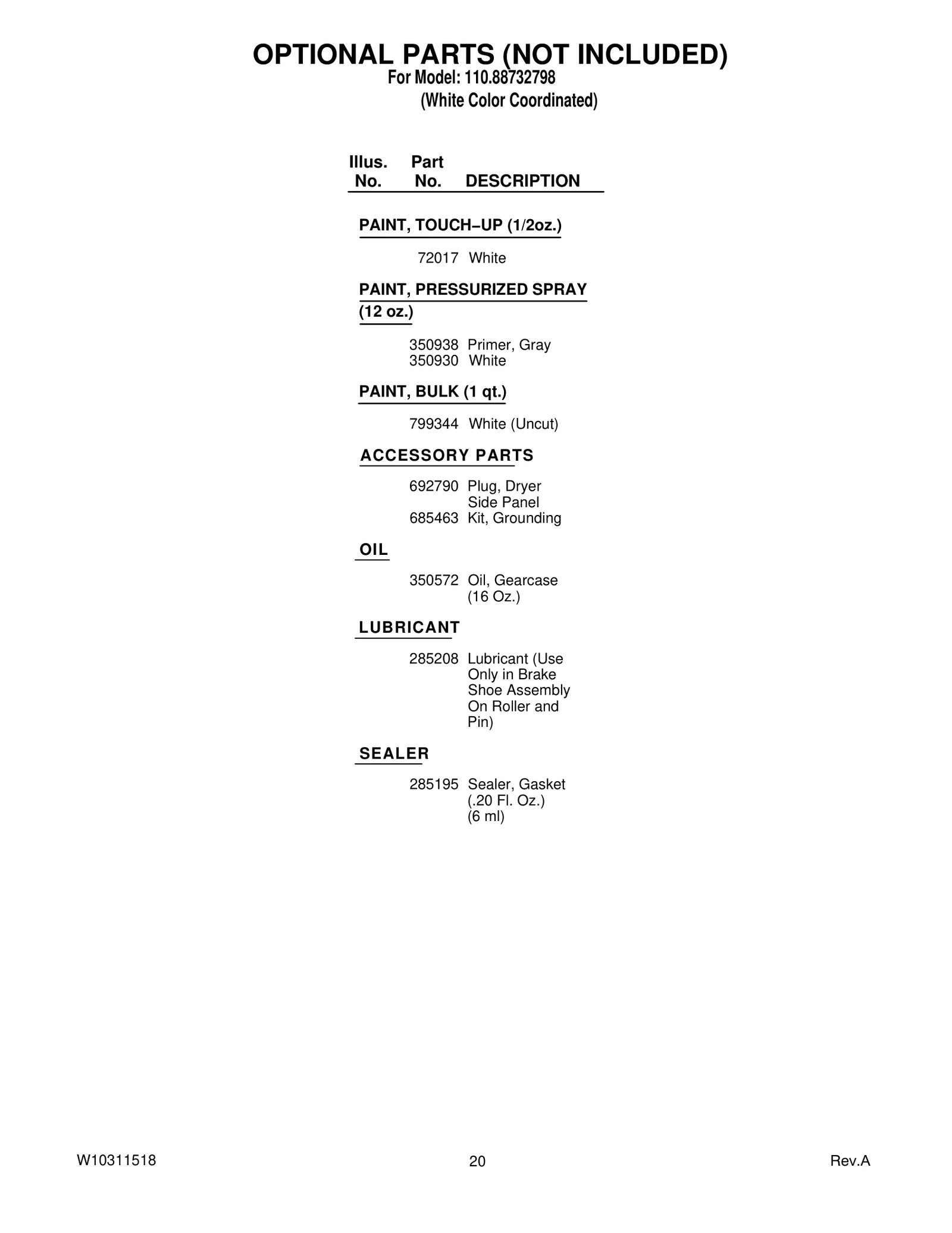 OPTIONAL PARTS (NOT INCLUDED)