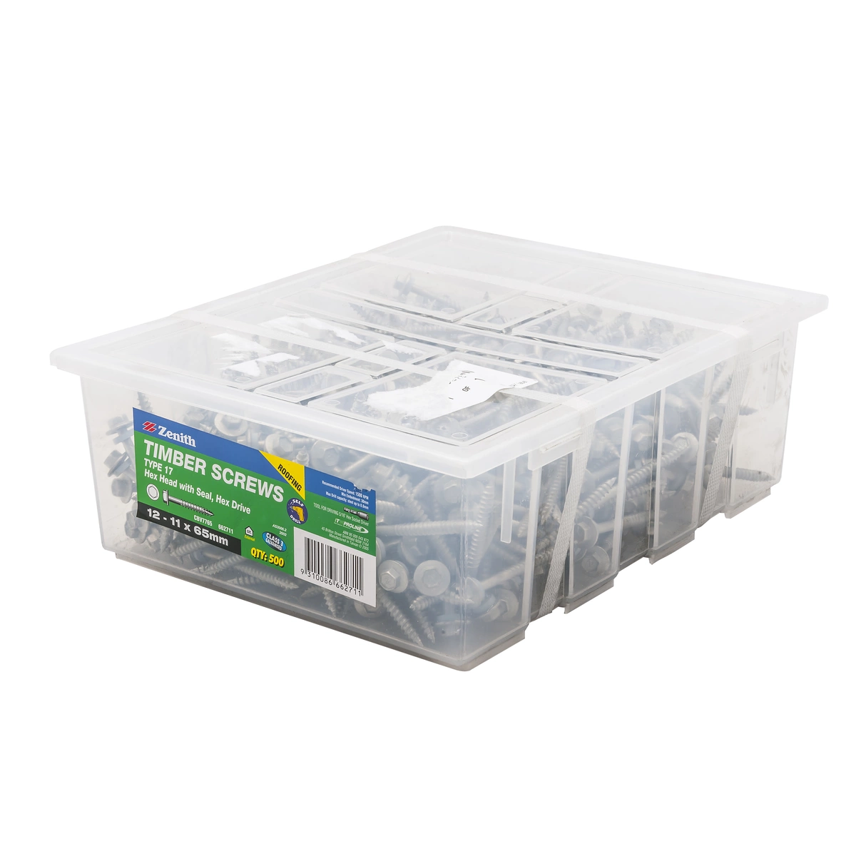 ZENITH® 12G x 65mm Class 3 Galvanised, External Hex Drive, Hex Head, Cladding & Roofing Screws with Seal – External Use – 500 Pack