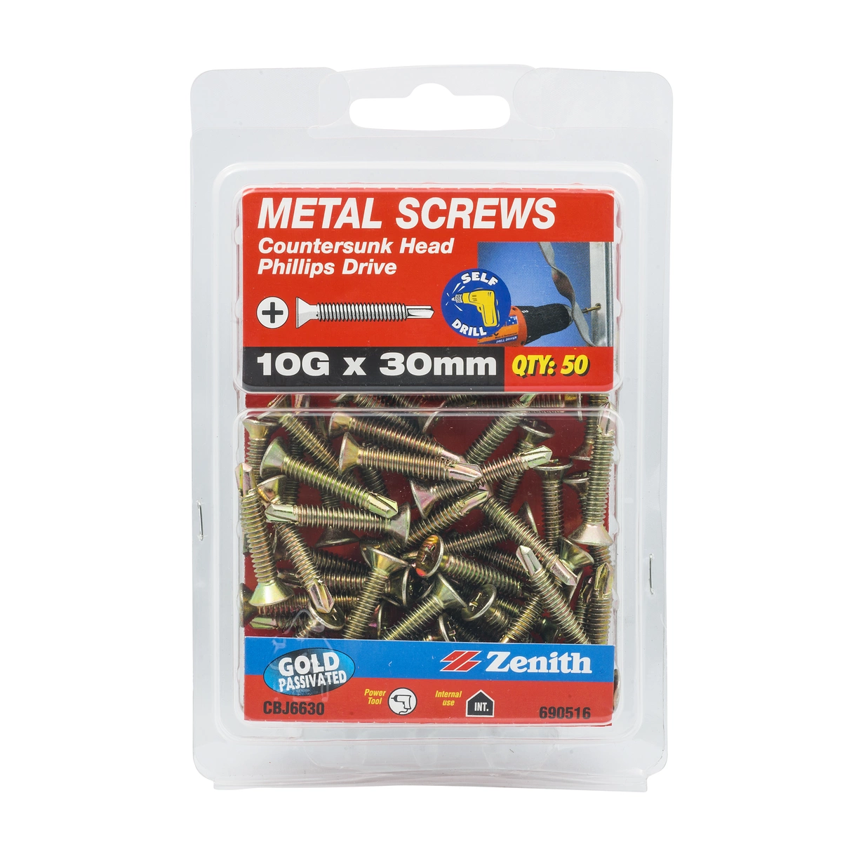 ZENITH® 10G x 30mm Gold Passivated, Self Drilling, Phillips Drive, Metal Screws – Internal Use – 50 Pack