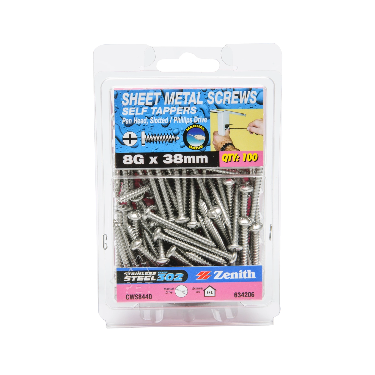 ZENITH® 8G x 38mm 304 Stainless Steel, Self Tapping, Combination Drive, Sheet Metal Screws – External Use – 100 Pack