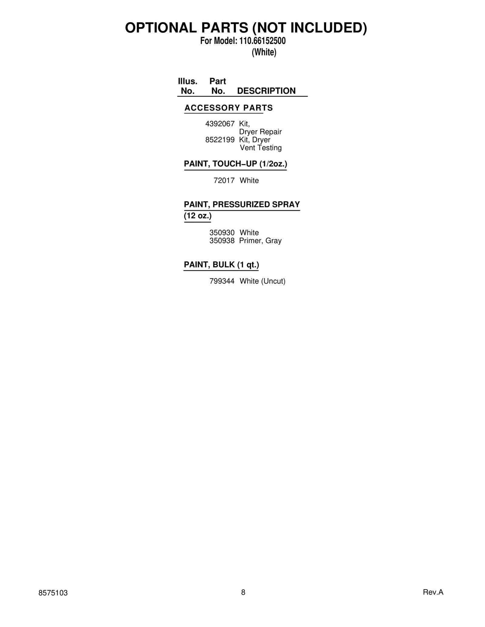 OPTIONAL PARTS (NOT INCLUDED)