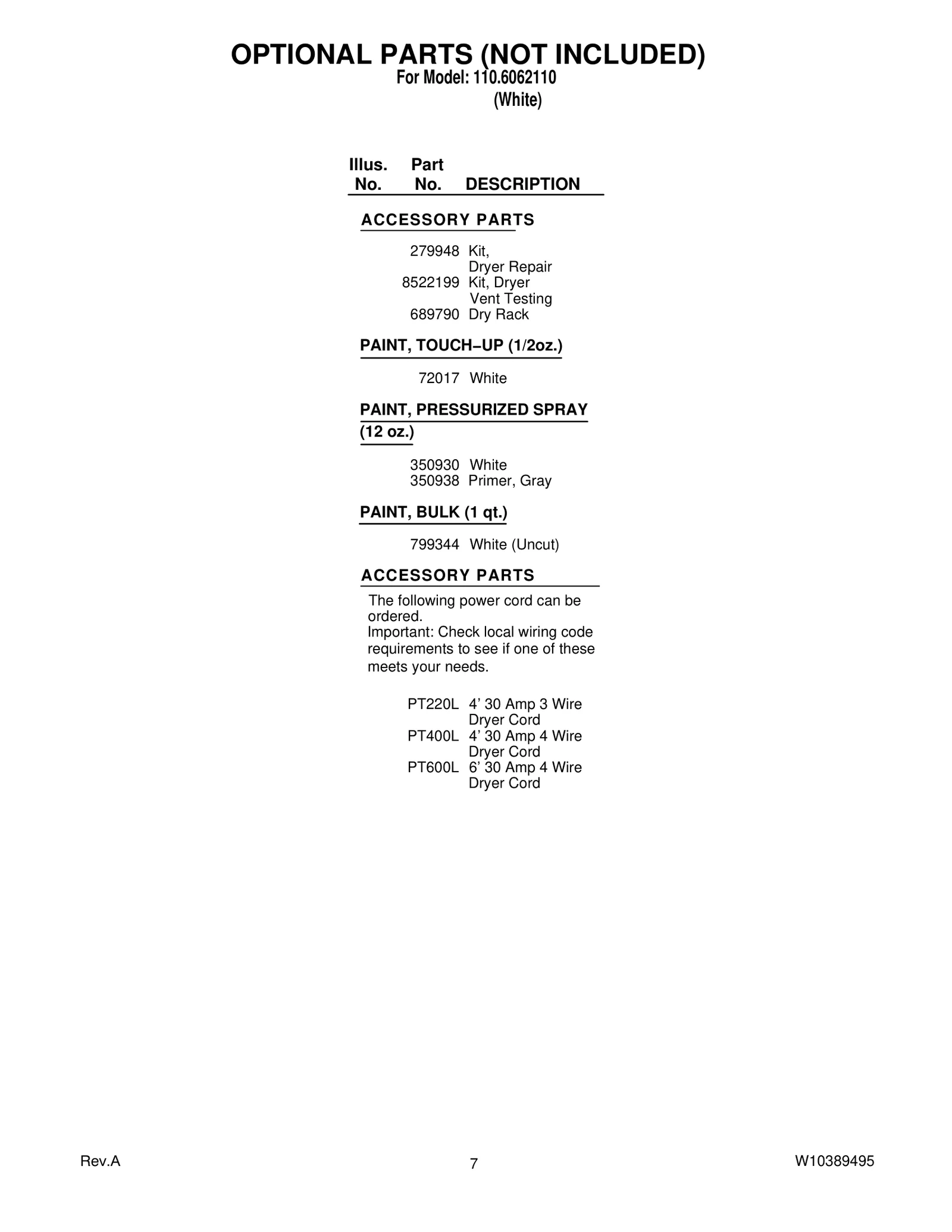 OPTIONAL PARTS (NOT INCLUDED)