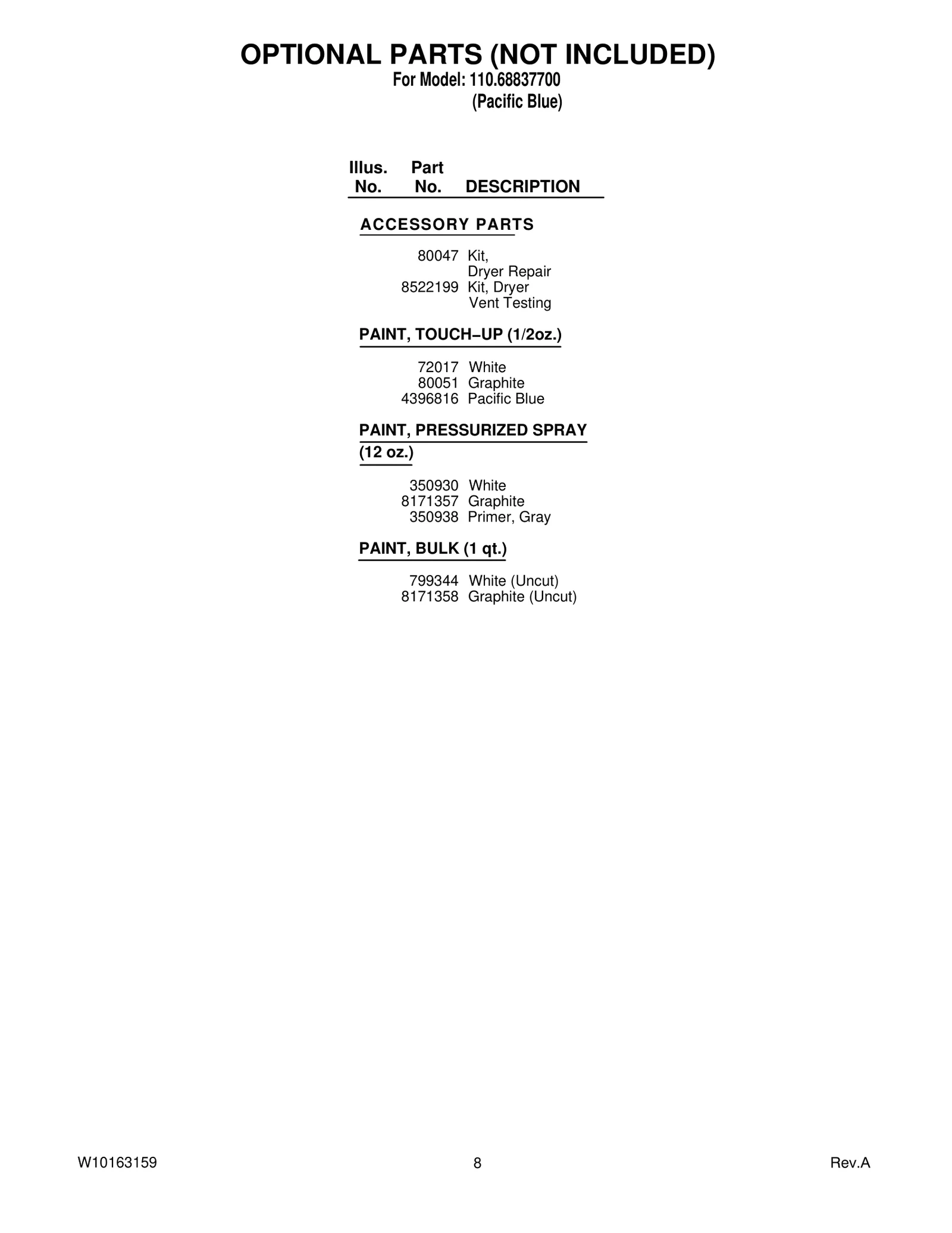 OPTIONAL PARTS (NOT INCLUDED)