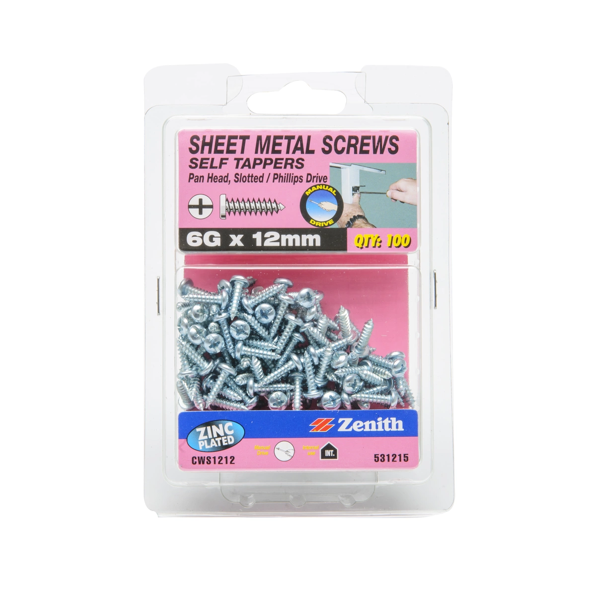 ZENITH® 6G x 12mm Zinc Plated, Self Tapping, Combination Drive, Sheet Metal Screws – Internal Use – 100 Pack