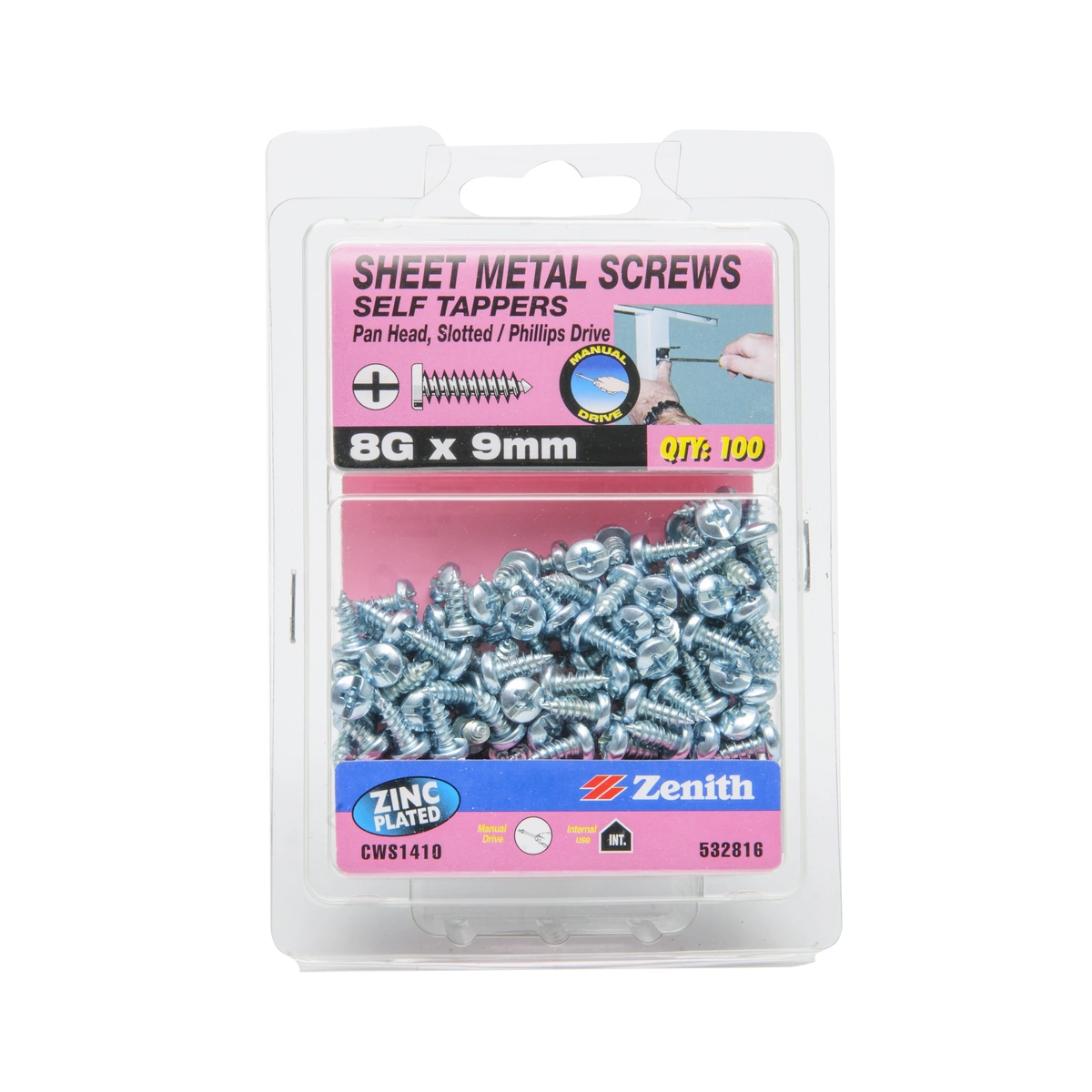 ZENITH® 8G x 9mm Zinc Plated, Self Tapping, Combination Drive, Sheet Metal Screws – Internal Use – 100 Pack