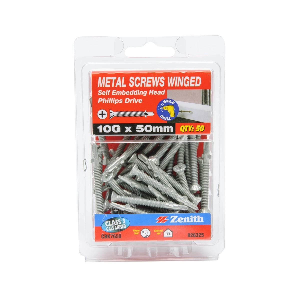 ZENITH® 10G x 50mm Class 3 Galvanised, Self Drilling, Phillips Drive, Winged Drill Point, Metal Screws – External Use – 50 Pack