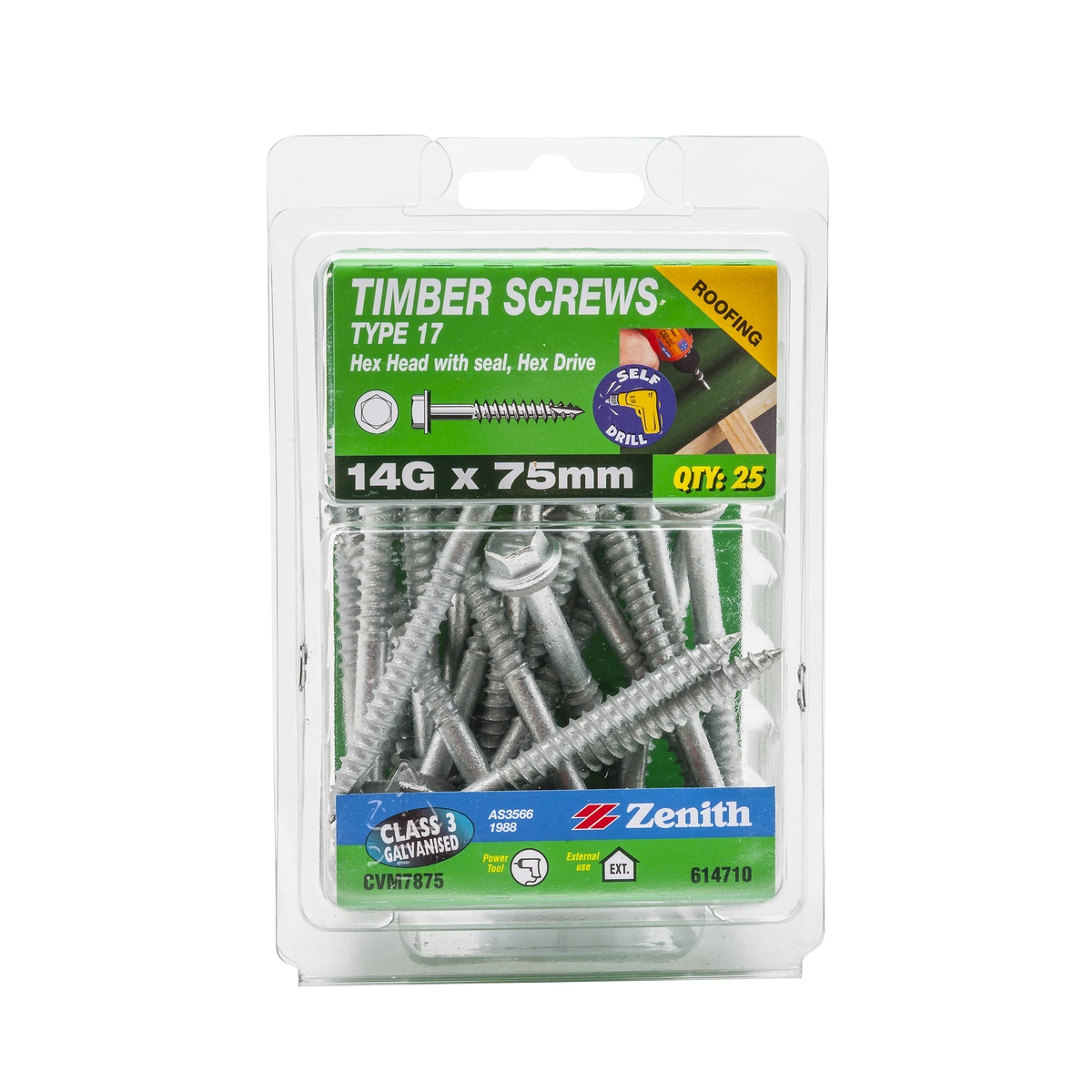 ZENITH® 14G x 75mm Class 3 Galvanised, External Hex Drive, Hex Head, Cladding & Roofing Screws with Seal – External Use – 25 Pack