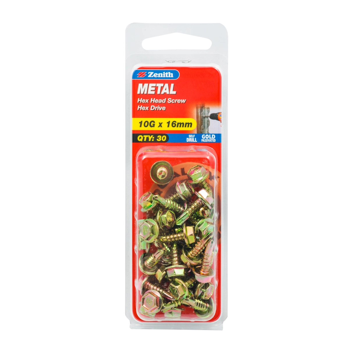 ZENITH® 10G x 16mm Gold Passivated, Self Drilling, External Hex Drive, Metal Screws – Internal Use – 30 Pack