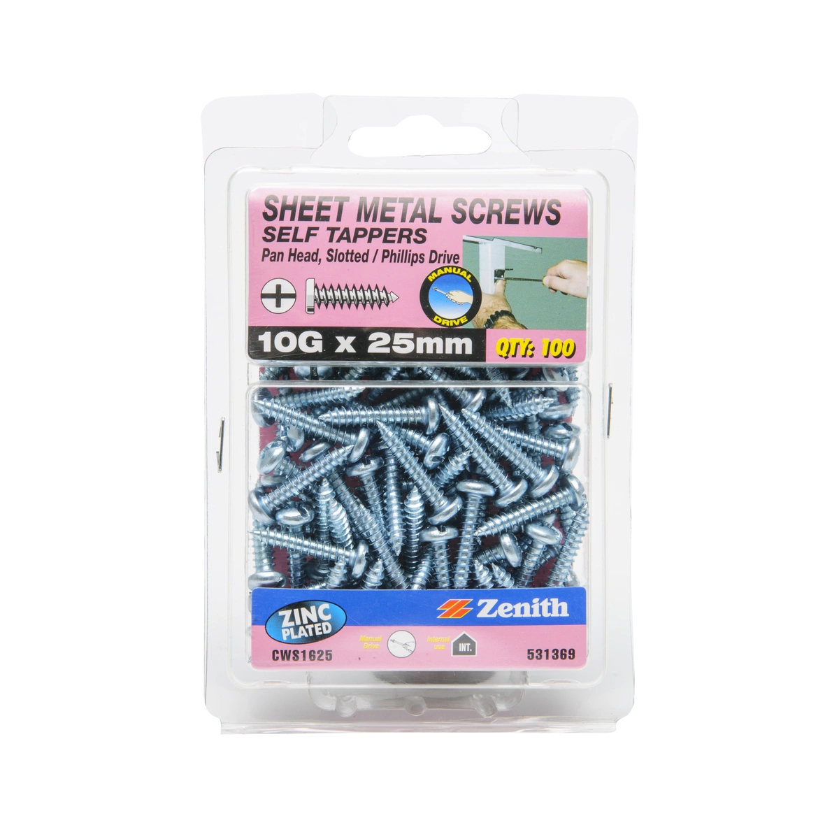 ZENITH® 10G x 25mm Zinc Plated, Self Tapping, Combination Drive, Sheet Metal Screws – Internal Use – 100 Pack