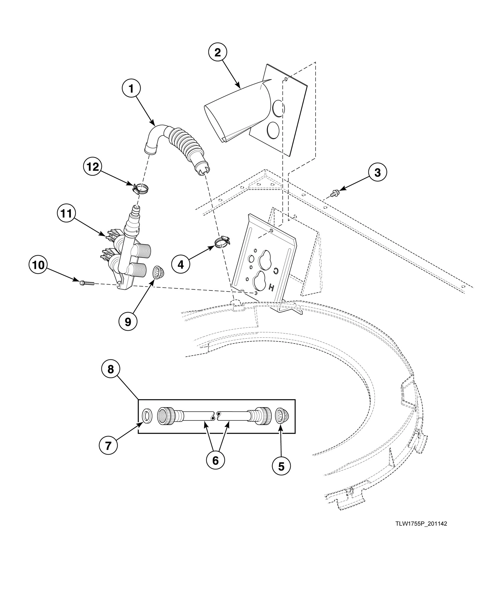 Fill Hose, Mixing Valve-to-Tub Cover Hose and Mixing Valve - Model AWNA62SN301AW01