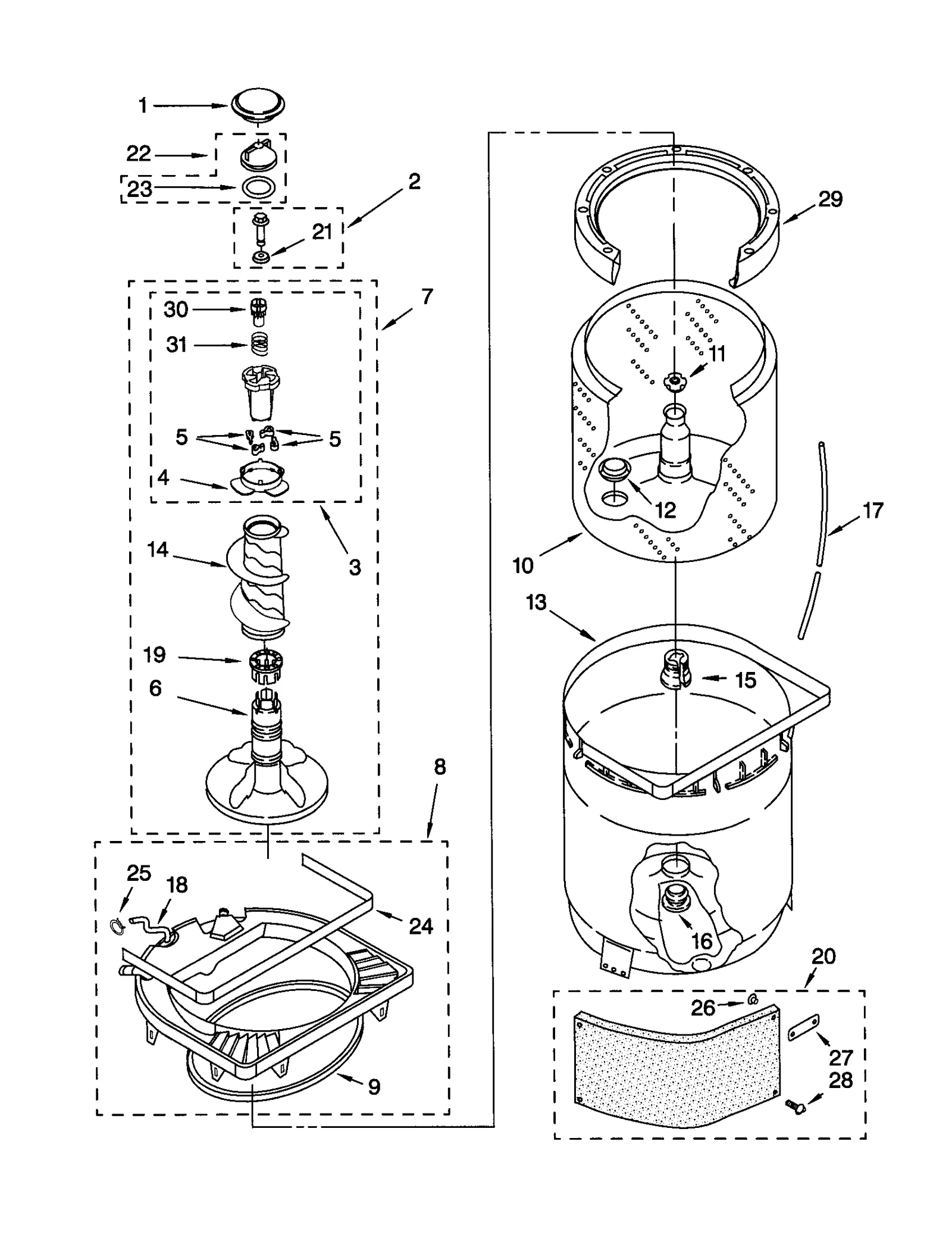 AGITATOR, BASKET AND TUB