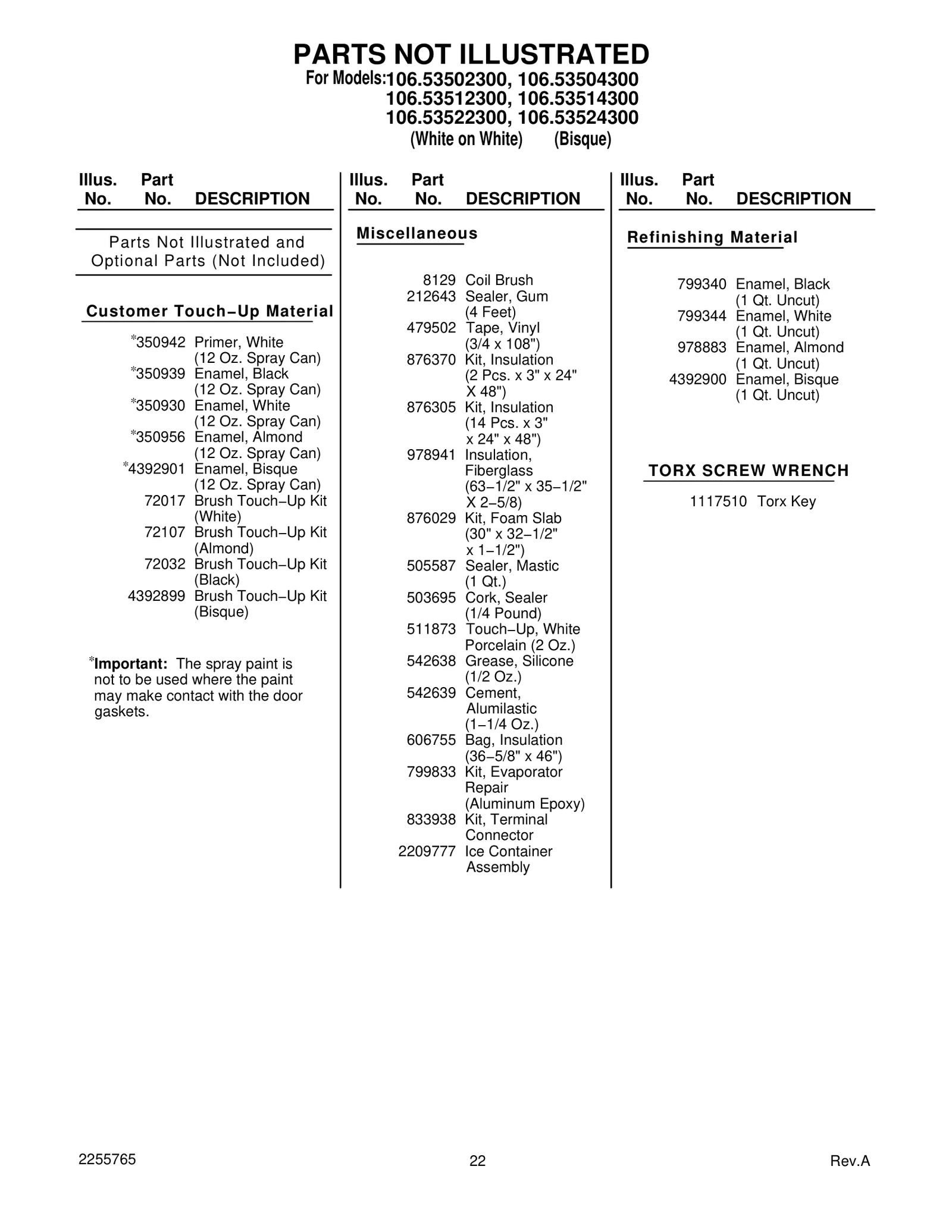 Optional Parts (Not Included)