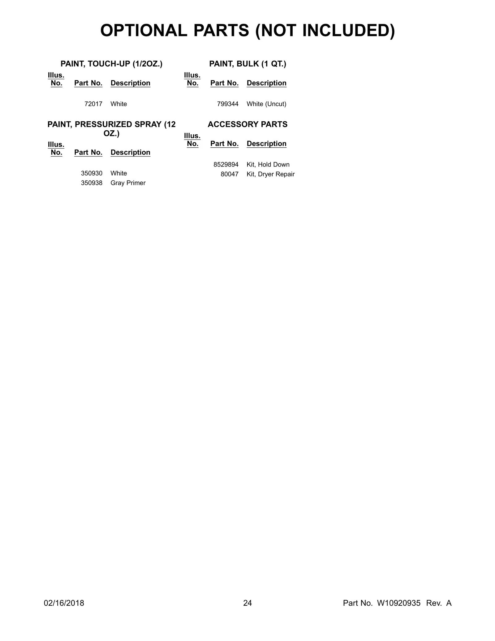 OPTIONAL PARTS (NOT INCLUDED)