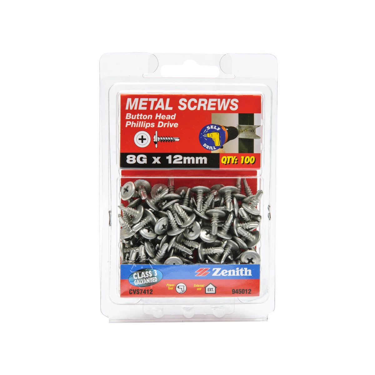 ZENITH® 8G x 12mm Class 3 Galvanised, Self Drilling, Phillips Drive, Stitching Screws – External Use – 100 Pack