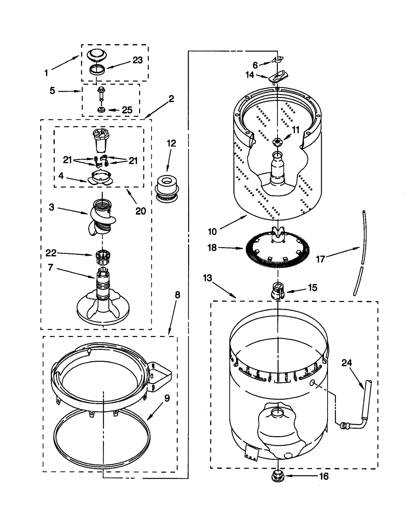 AGITATOR, BASKET AND TUB