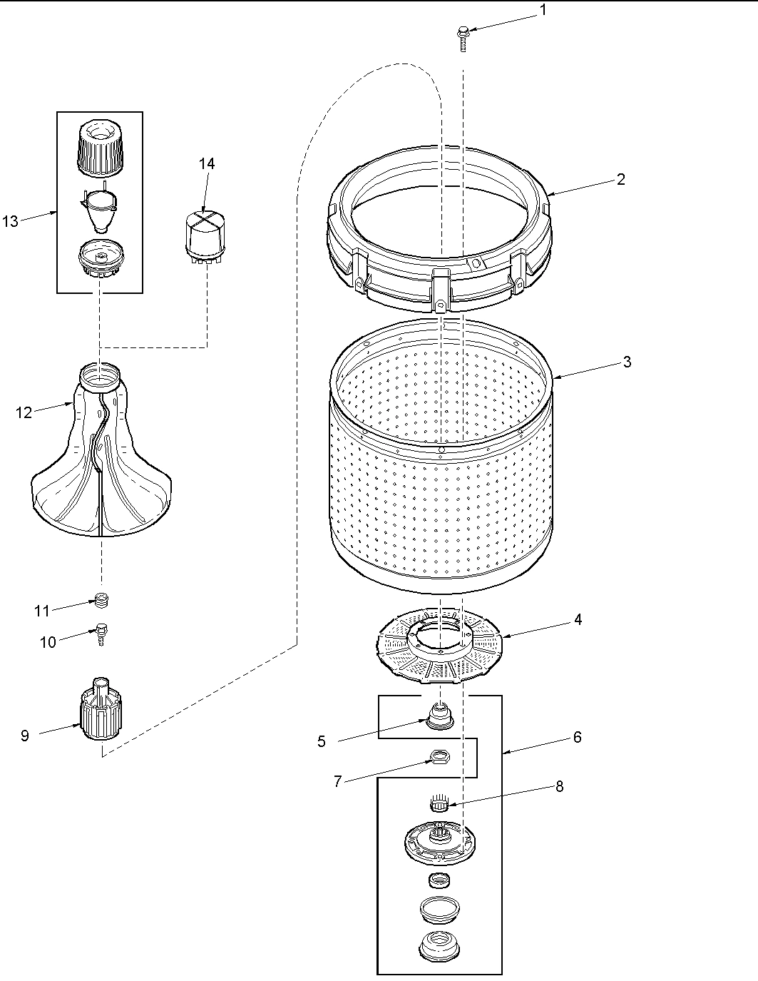 01 - Agitator, Drive Bell, Washtub and Hub