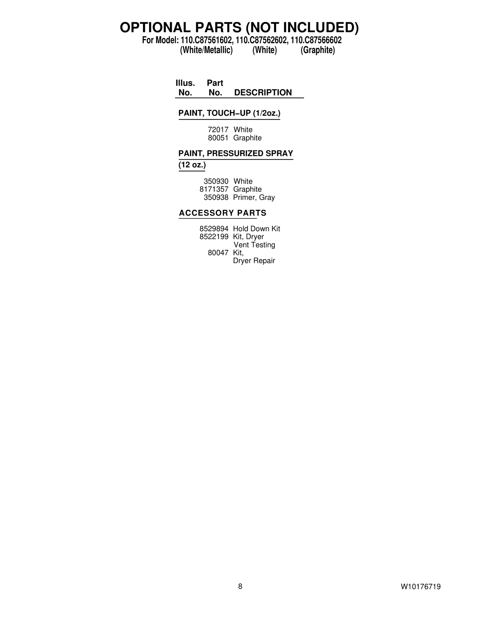 OPTIONAL PARTS (NOT INCLUDED)