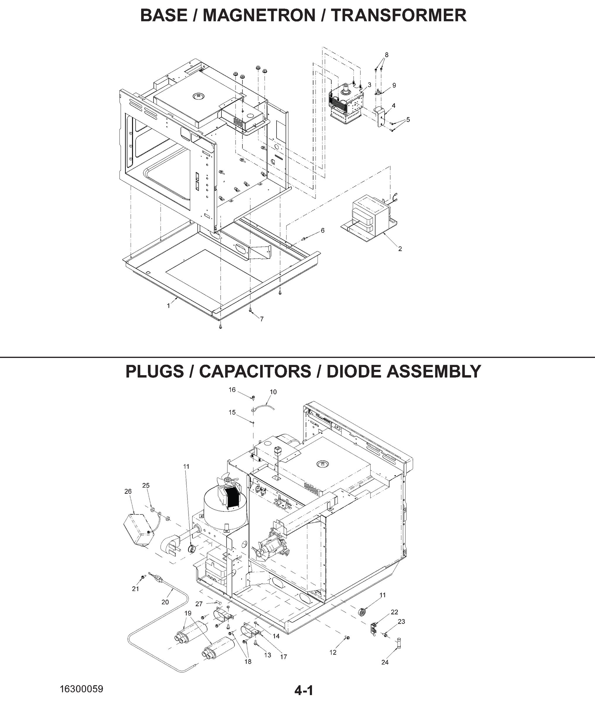 BASE / MAGNETRON / TRANSFORMER / PLUGS / CAPACITOR / DIODE ASSEMBLY