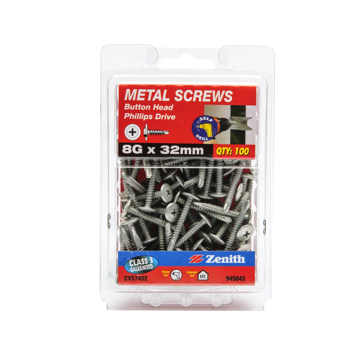 ZENITH® 8G x 32mm Class 3 Galvanised, Self Drilling, Phillips Drive, Metal Screws – External Use – 100 Pack